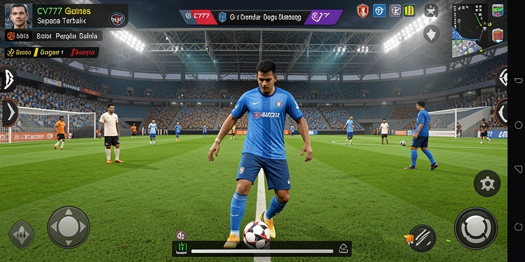 Tampilan gameplay CV777 dengan aksi pertandingan sepak bola yang mendebarkan.