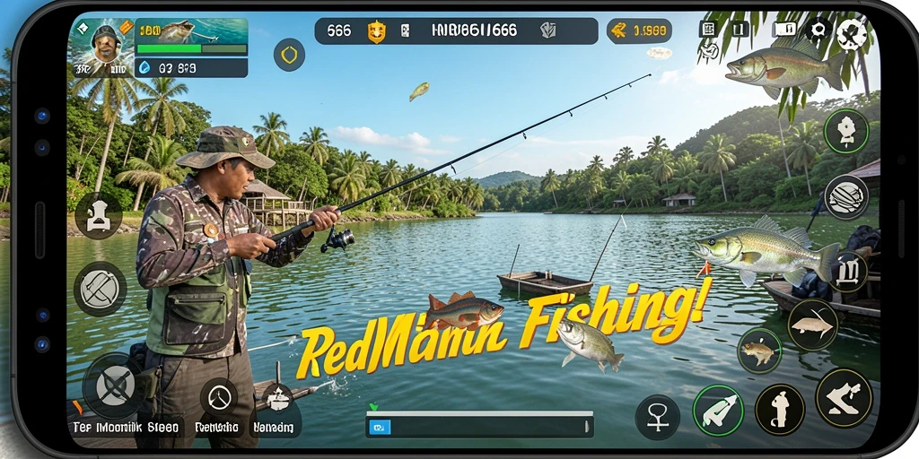 Tampilan menarik gameplay IND666 saat menangkap ikan di danau.