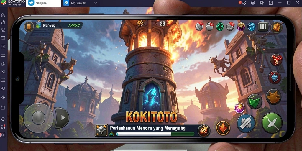 Tampilan gameplay menegangkan KOKITOTO dalam pertahanan menara yang strategis.