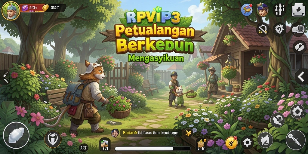 Tampilan gameplay RPVIP3 yang menarik dengan kebun penuh warna.
