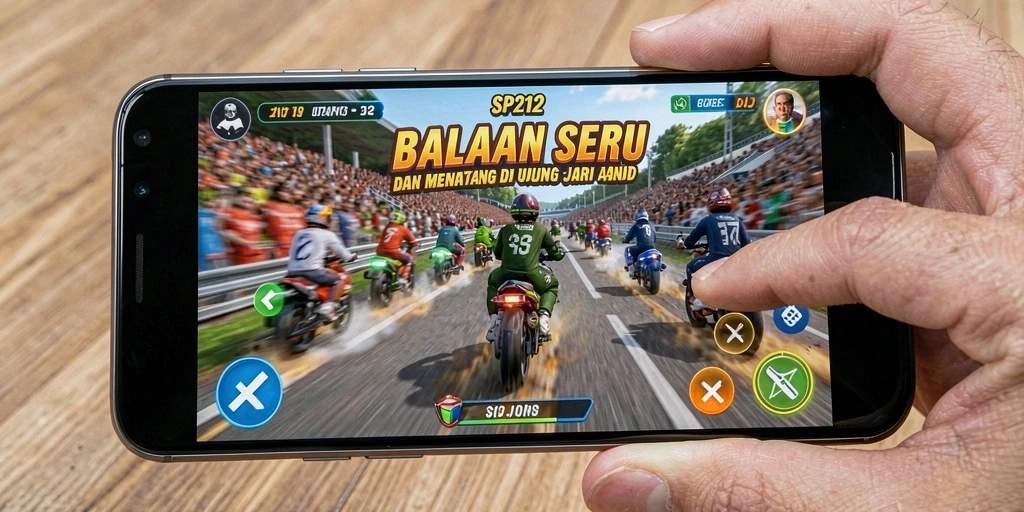 Screenshot utama SP212 menampilkan aksi balapan yang mendebarkan dengan mobil melaju kencang.